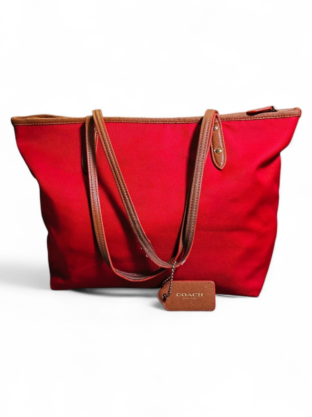 Vintage Coach Red Canvas Tote Bag Leather Trim Large Shoulder Purse Classic - Picture 5 of 8